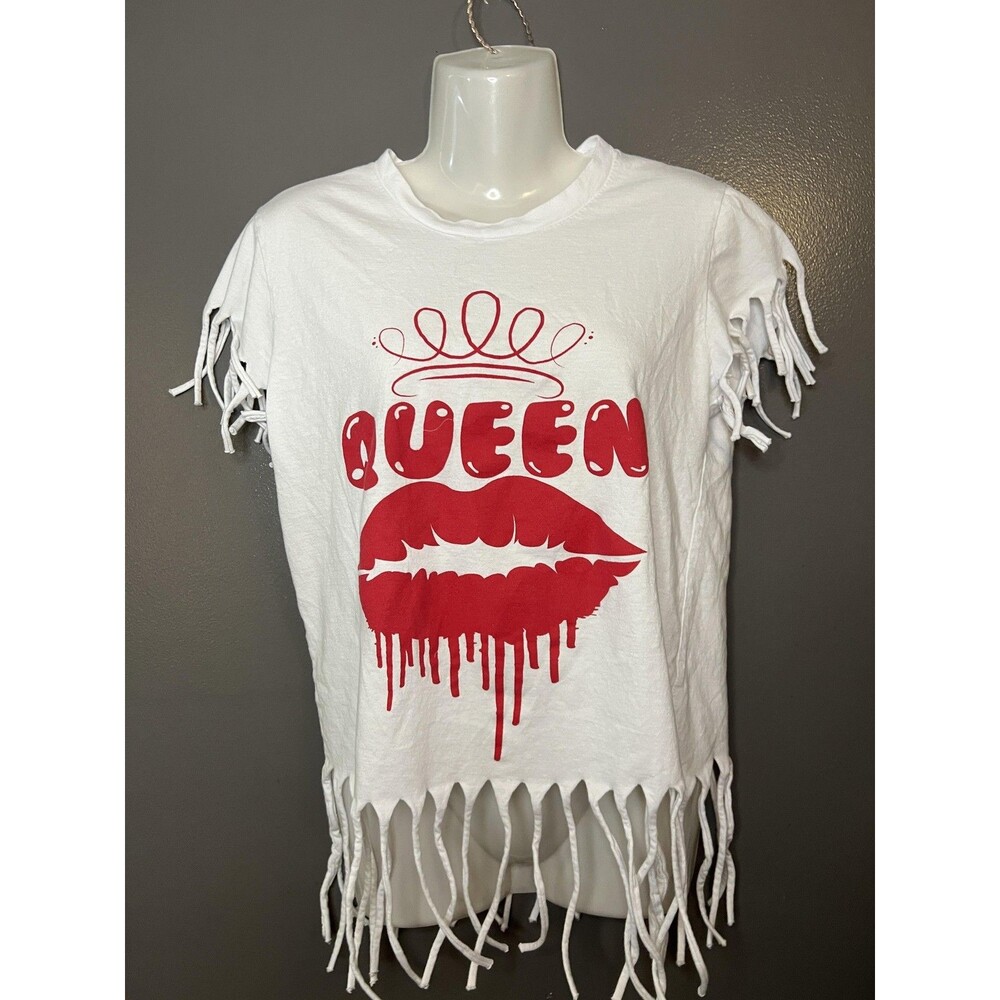Onfire Shirt Juniors Large White Queen Lips Fringe Tassel Hem Graphic Tee Top